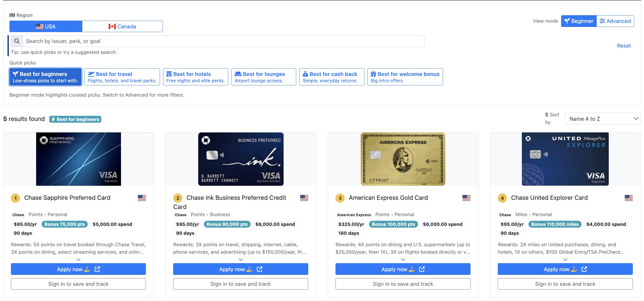Credit card search experience
