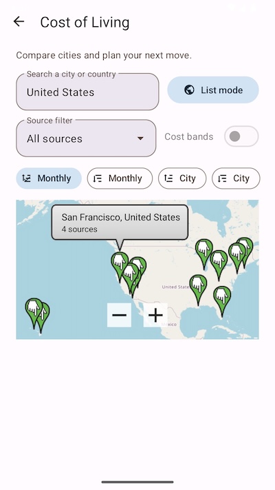 Android cost of living map view